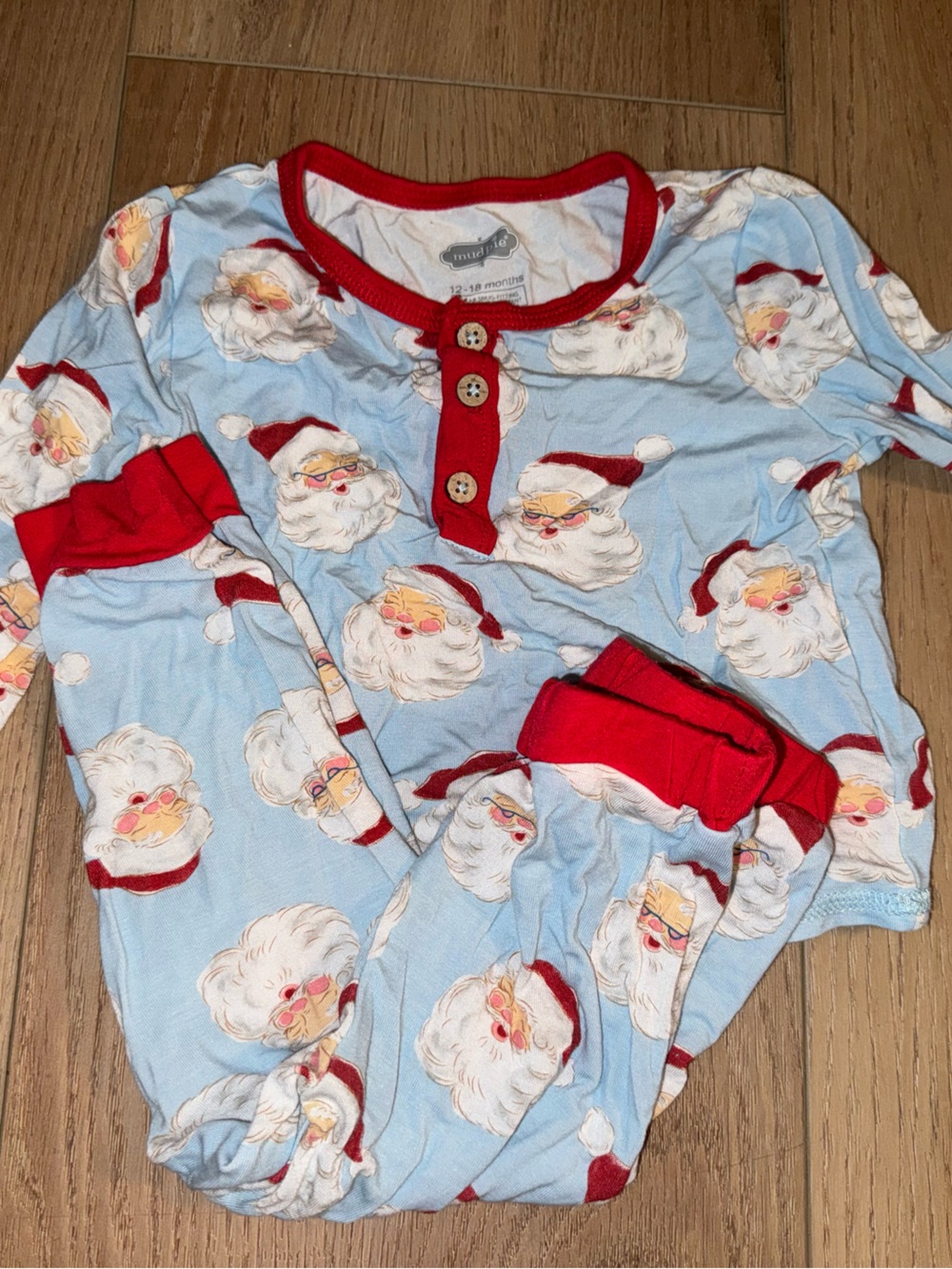 Mud Pie Light Blue Santa Print Pajama long sleeve two piece with Red Trim